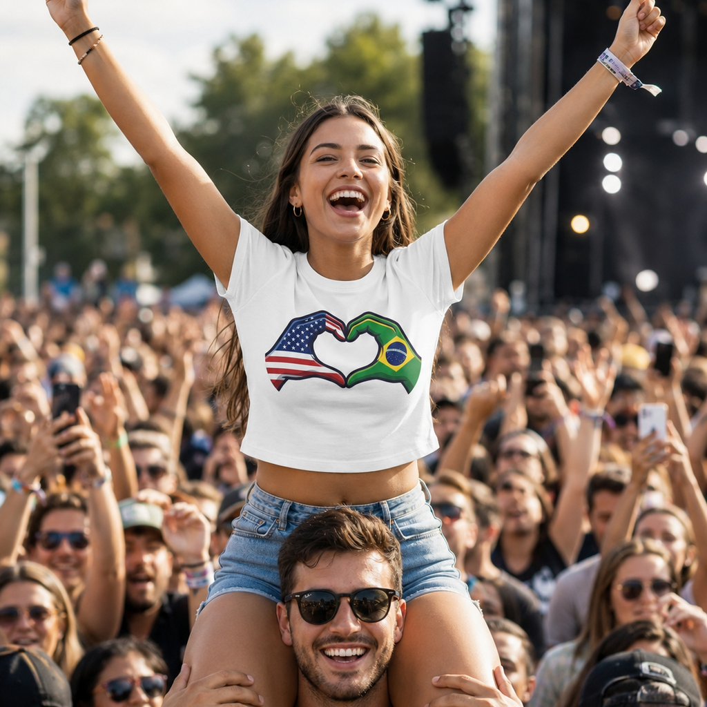 Woman on a man's shoulders at a concert with a crowd and stage in the background