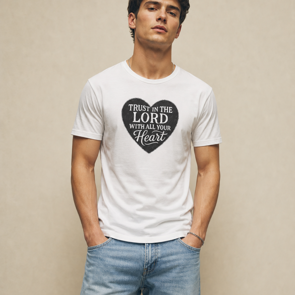 Man wearing a white t-shirt with a heart-shaped text design on a beige background