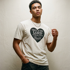 Person wearing a white t-shirt with a heart-shaped text design against a plain background