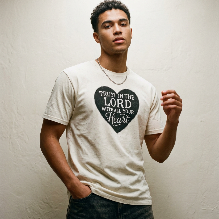 Person wearing a white t-shirt with a heart-shaped text design against a plain background
