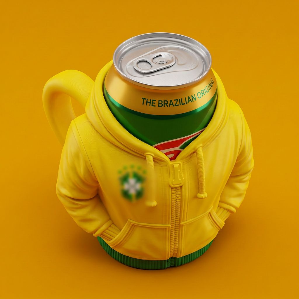 Yellow and green hoodie can holder with a soda can against a golden background with the chest emblem blurred