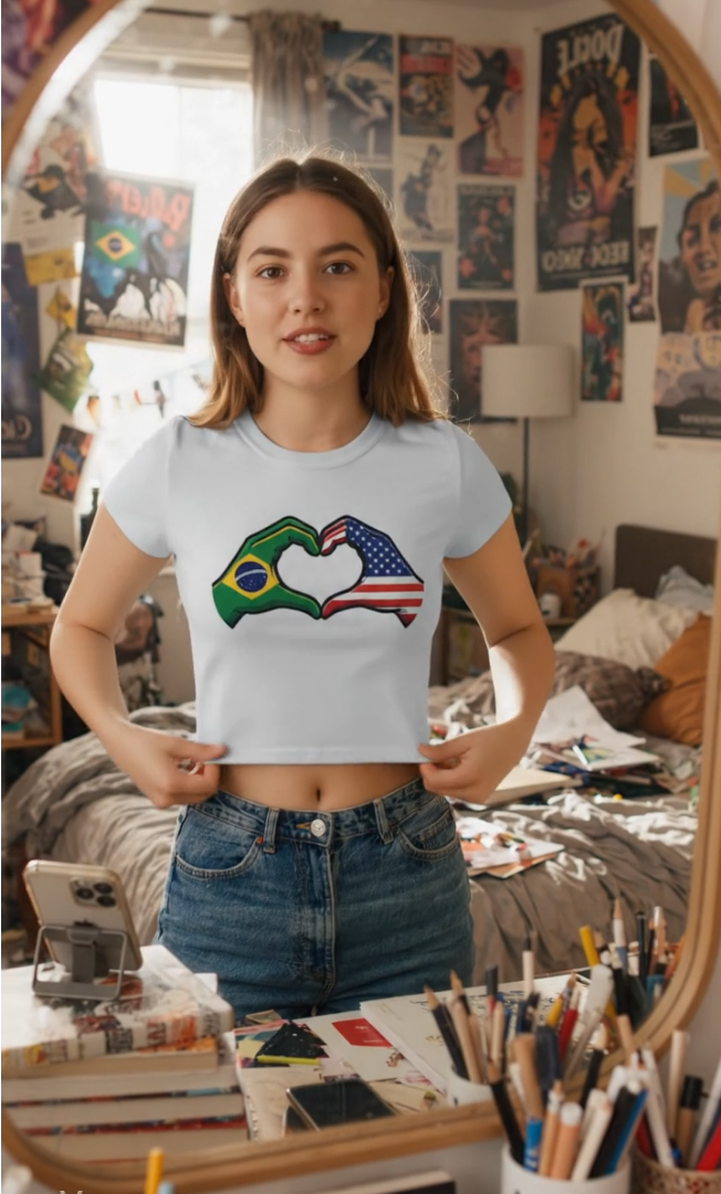 Mirror view of the USA Brazil heart hands cropped baby tee