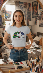 Mirror view of the USA Brazil heart hands cropped baby tee