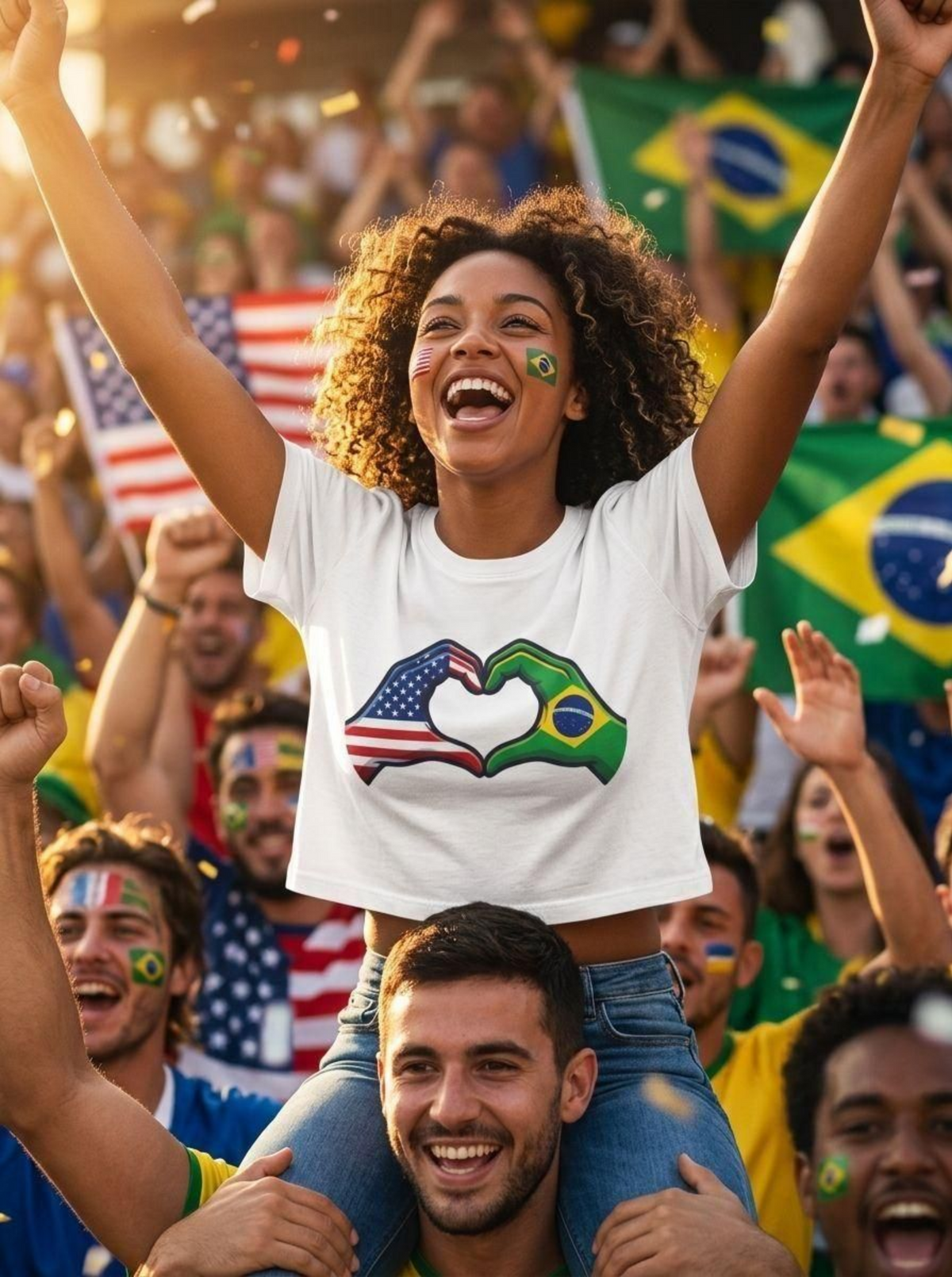 USA Brazil heart hands cropped baby tee worn at a festival