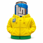 Yellow and green hoodie can holder with a tall 16 oz can on a clean white background; chest emblem blurred