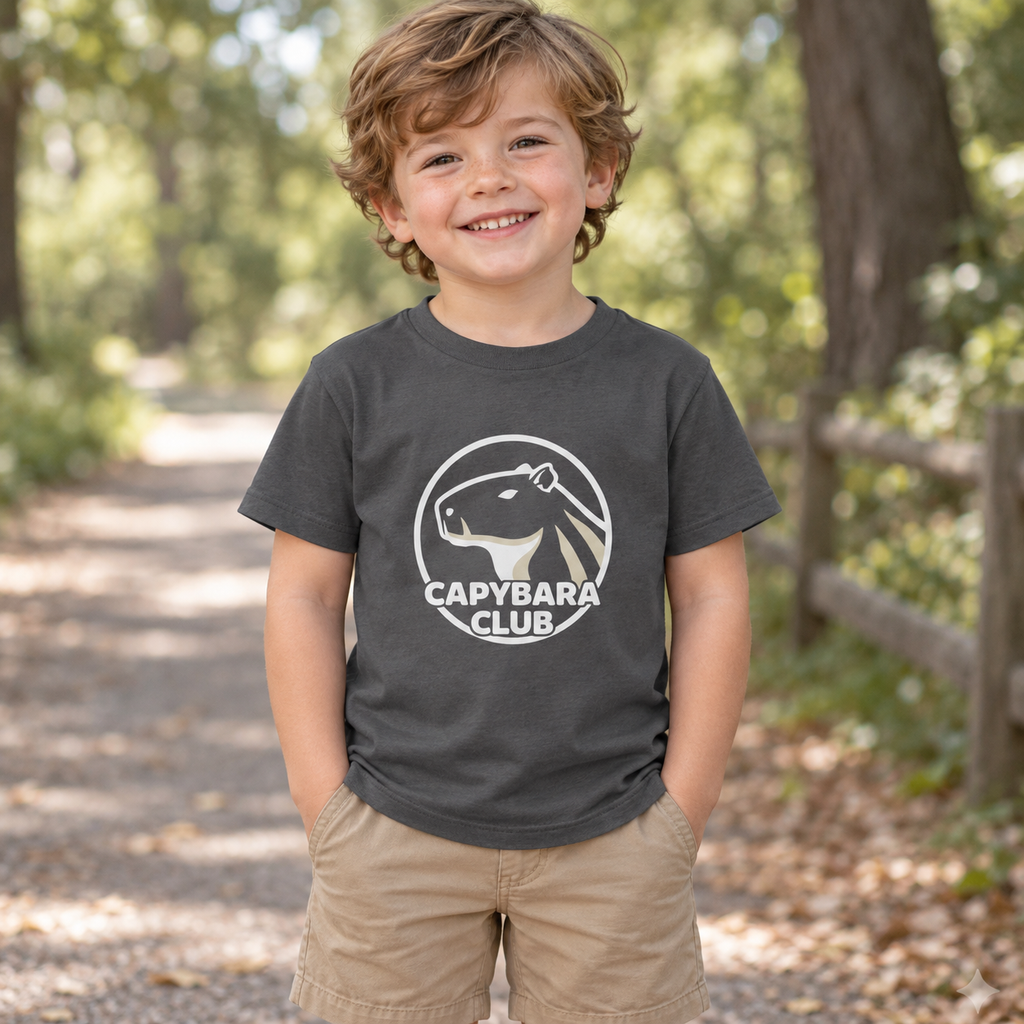 AI-created lifestyle mockup: Asphalt Capybara Club toddler tee on a nature walk.