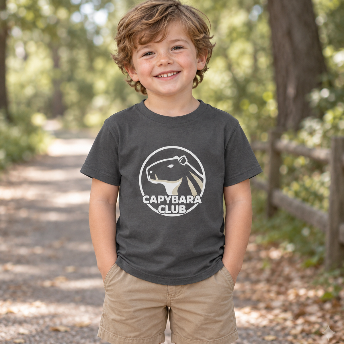 AI-created lifestyle mockup: Asphalt Capybara Club toddler tee on a nature walk.