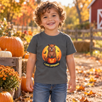 AI-created lifestyle mockup: child wearing the Asphalt I Love Capybaras Halloween toddler tee at a pumpkin patch.
