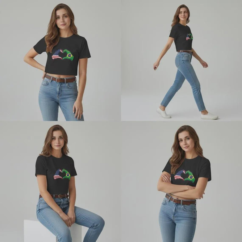 Baby Tee, USA Brazil Heart Hands, Cropped Graphic Top