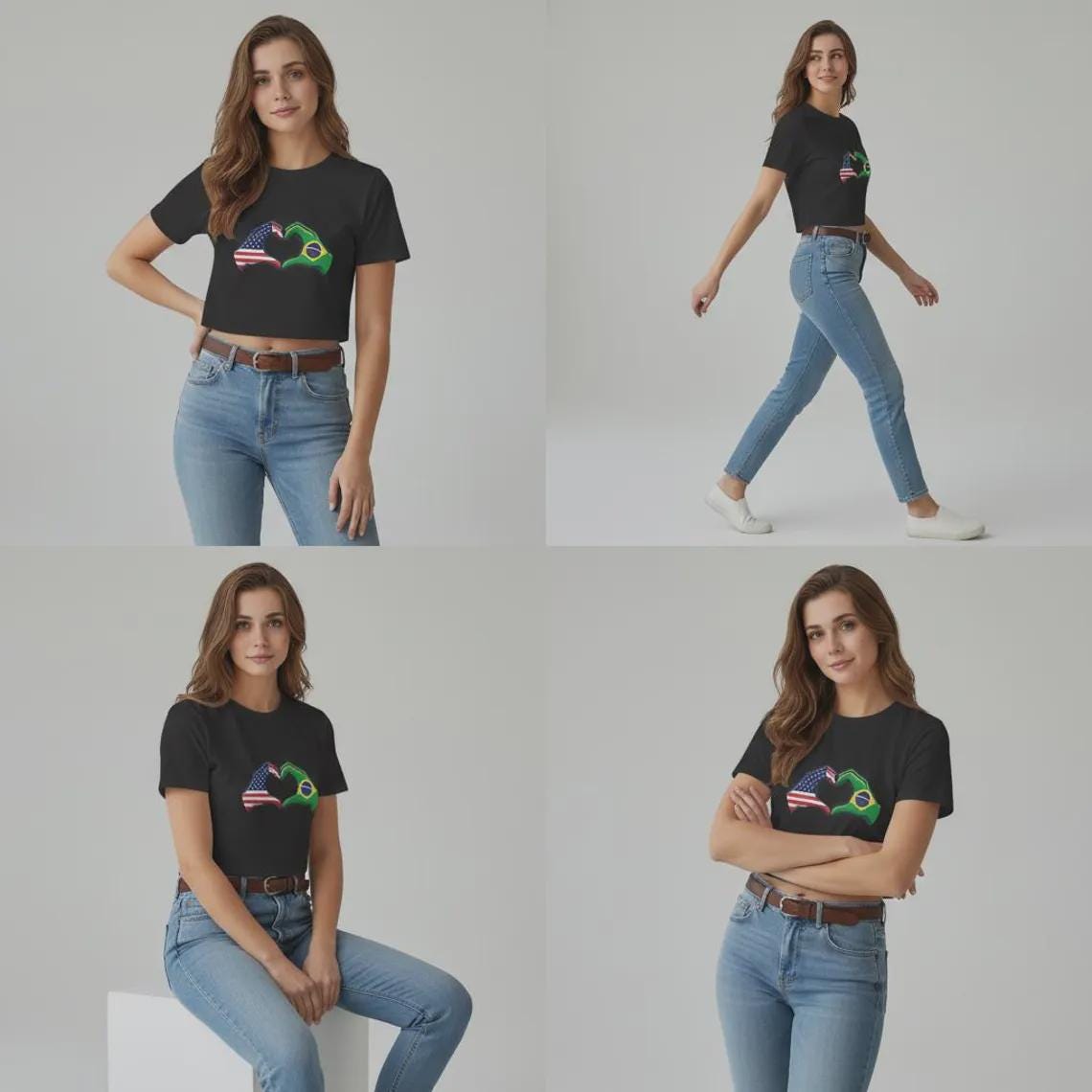 Baby Tee, USA Brazil Heart Hands, Cropped Graphic Top