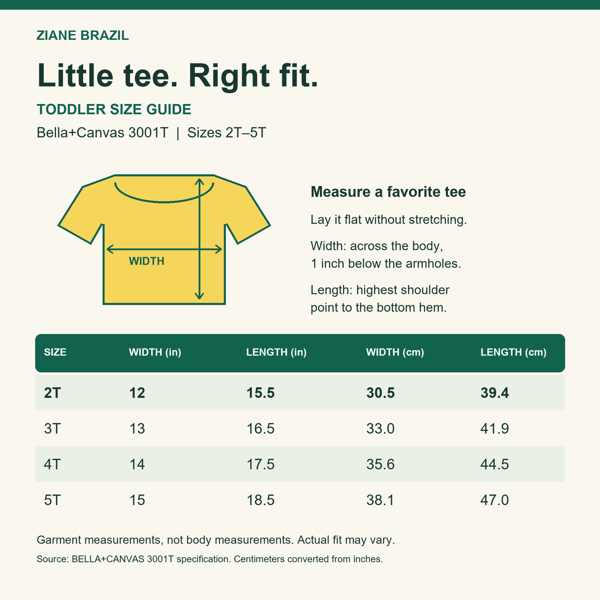 Bella+Canvas 3001T toddler size guide, sizes 2T to 5T: garment width and length measurements.