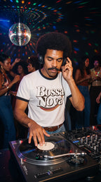 AI-created lifestyle illustration of a DJ wearing the white and black Bossa Nova ringer tee