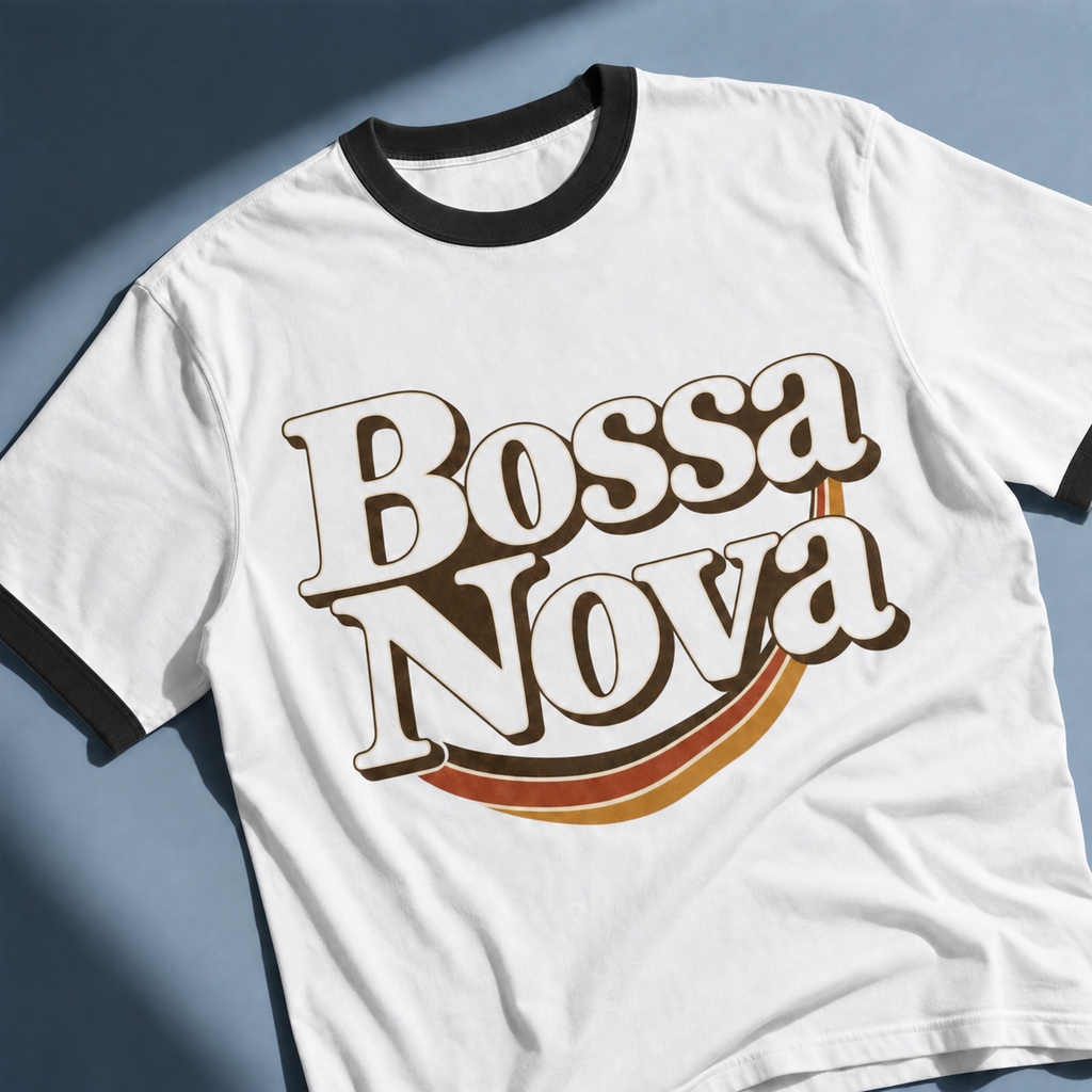 AI-edited flat lay of the Bossa Nova white ringer tee with black collar and sleeve bands on a blue-gray background