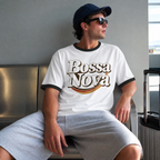 AI-created lifestyle image of a traveler wearing the white and black Bossa Nova retro ringer tee