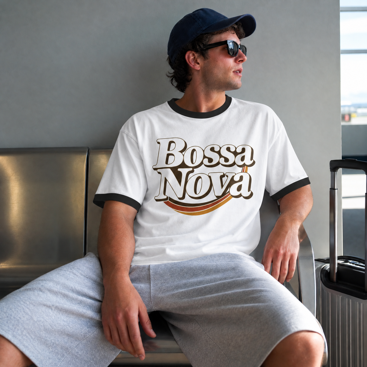 AI-created lifestyle image of a traveler wearing the white and black Bossa Nova retro ringer tee