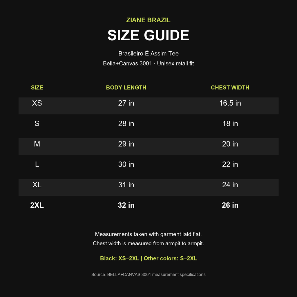 Size guide — BELLA+CANVAS 3001 Brasileiro É Assim tee, XS–2XL measurements in inches