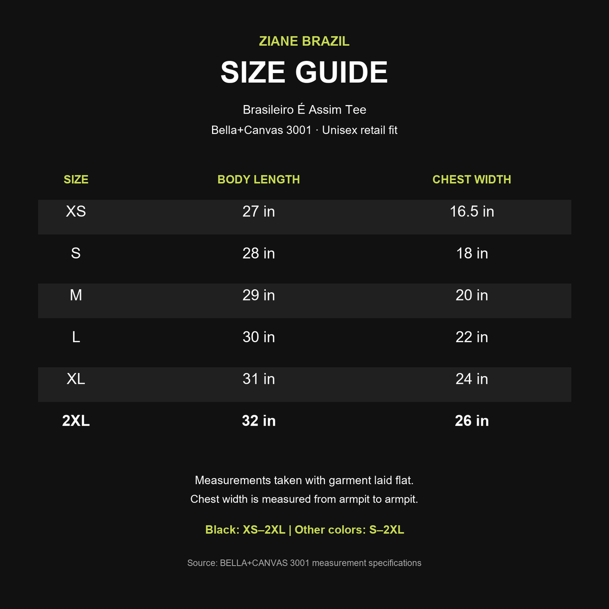 Size guide — BELLA+CANVAS 3001 Brasileiro É Assim tee, XS–2XL measurements in inches