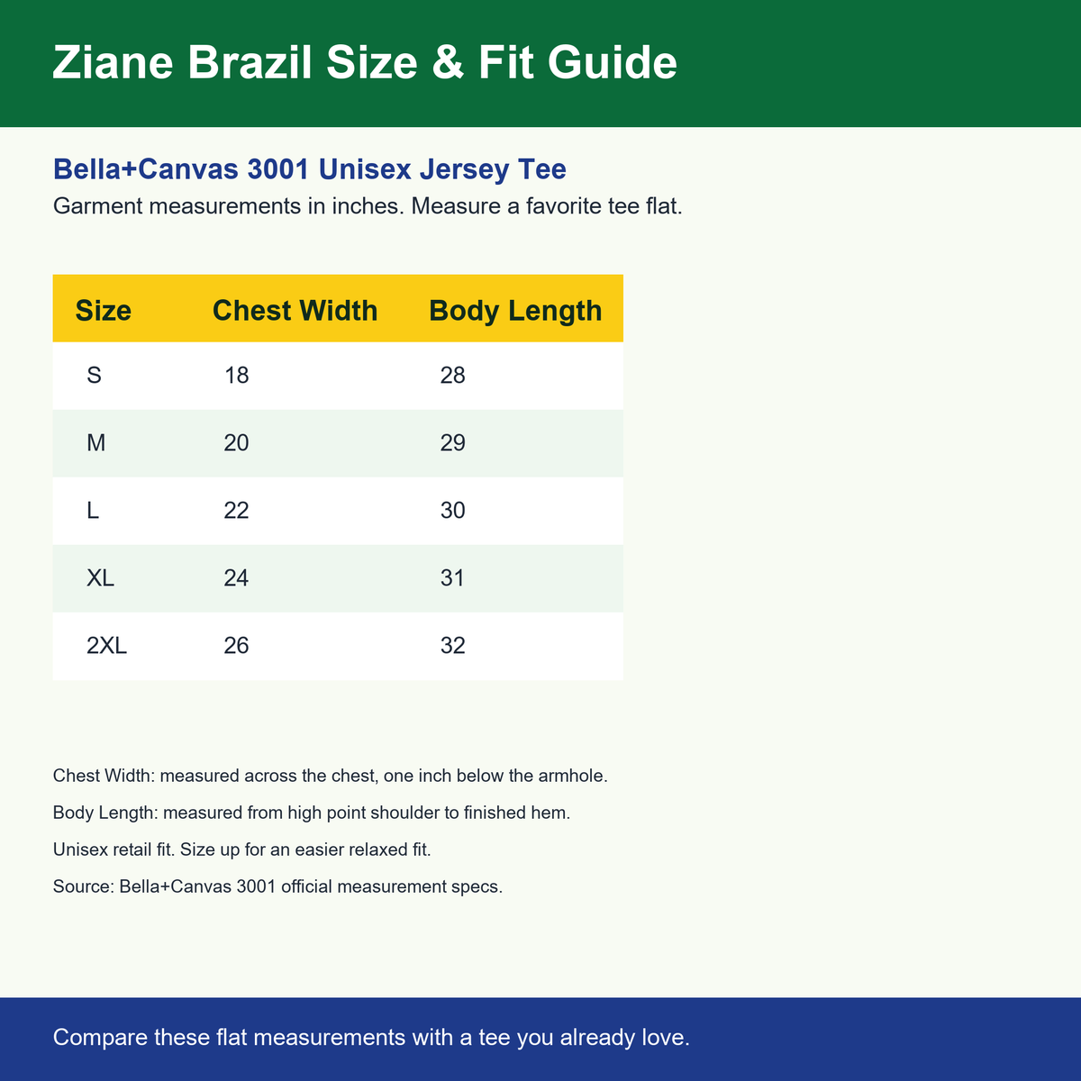 Bella+Canvas 3001 size chart for Brazil soccer tee