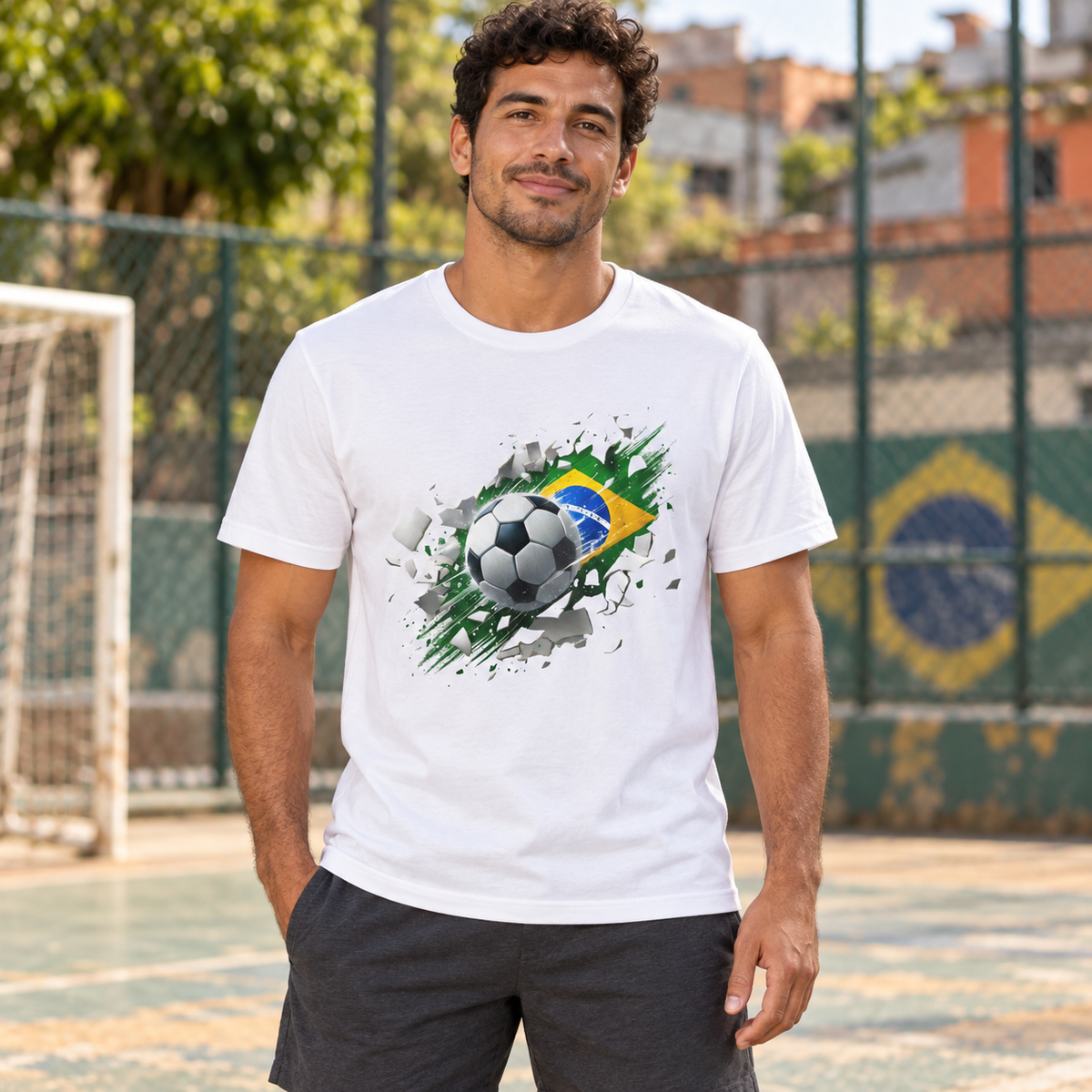 AI-created male model wearing the white Brazil soccer graphic tee beside a street-soccer court