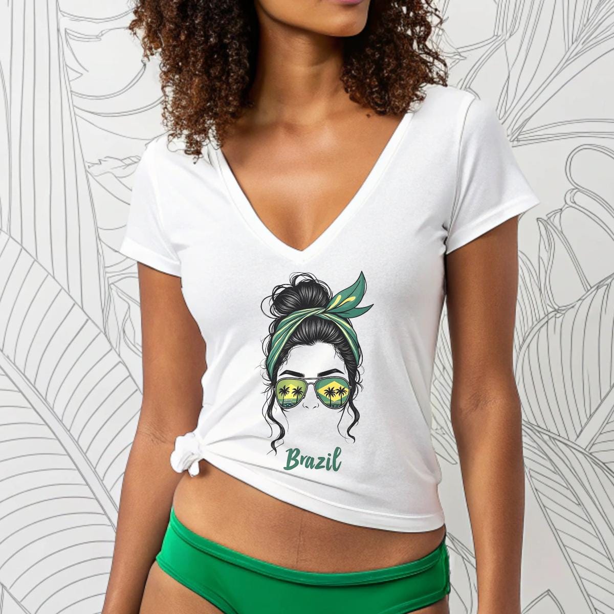 Brazilian Messy Bun V-Neck T-Shirt | Brazil Gift for Her