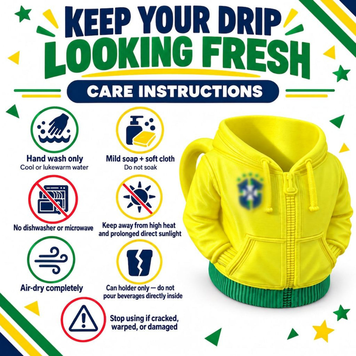 Can Drip 3D-printed can holder care instructions: hand wash, avoid dishwasher, microwave, soaking, and high heat