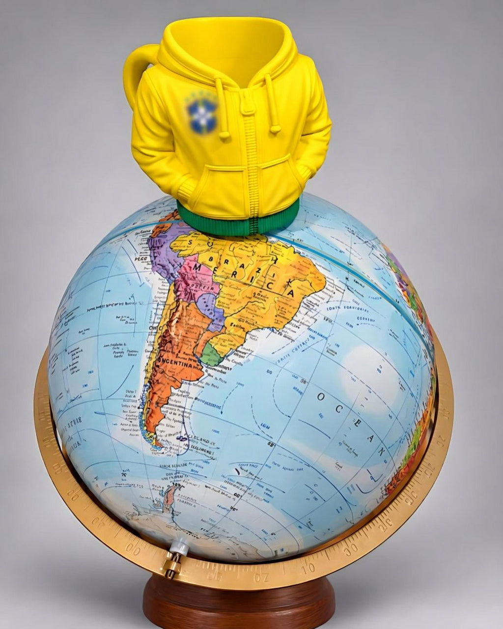 Can Drip yellow and green 3D-printed hoodie can holder displayed above a globe with Brazil centered
