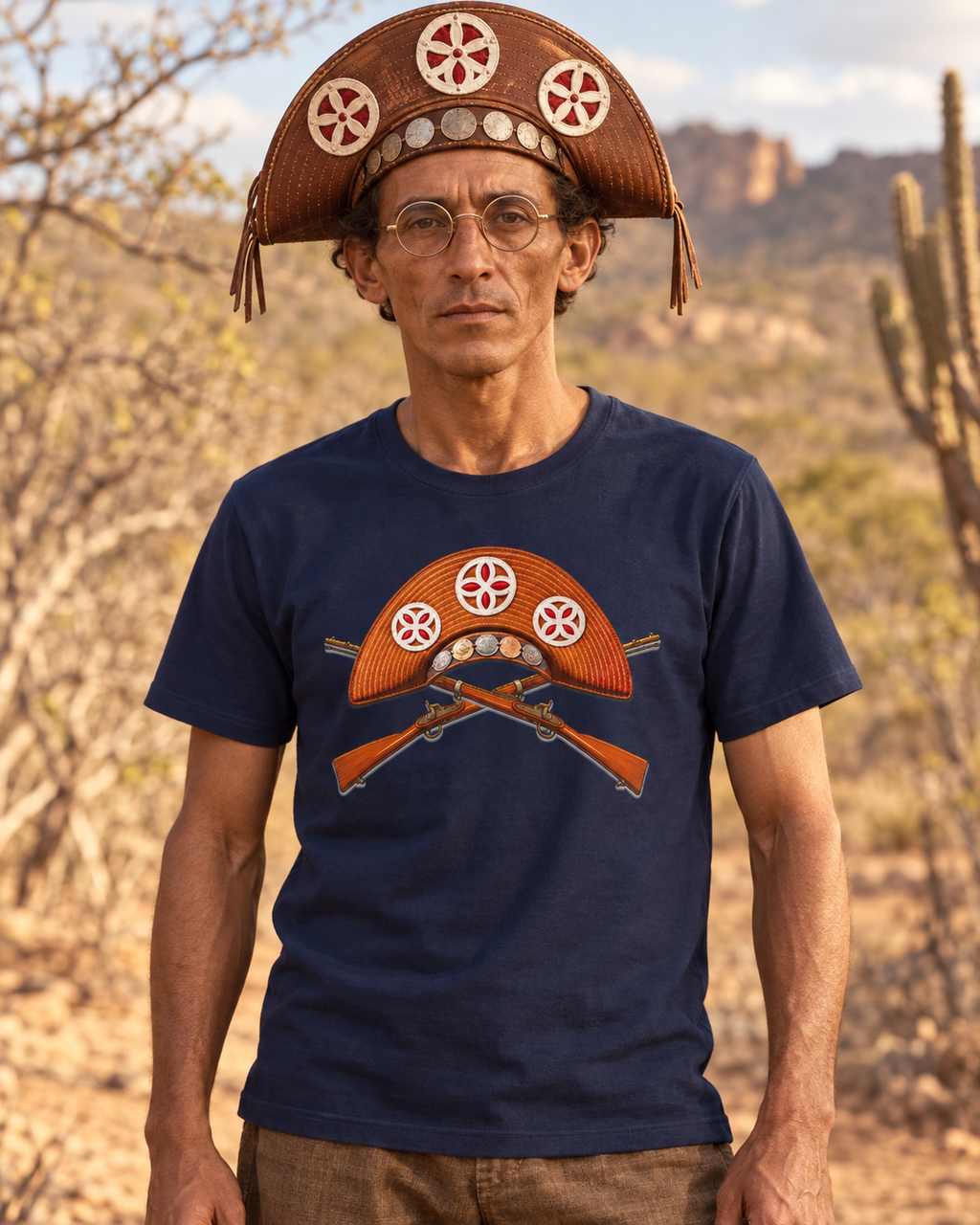 AI-created Lampiao-inspired portrait wearing the navy Cangaceiro folk-art T-shirt