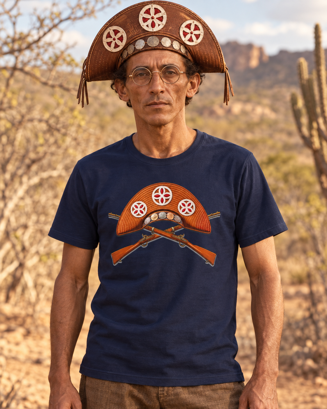 AI-created Lampiao-inspired portrait wearing the navy Cangaceiro folk-art T-shirt