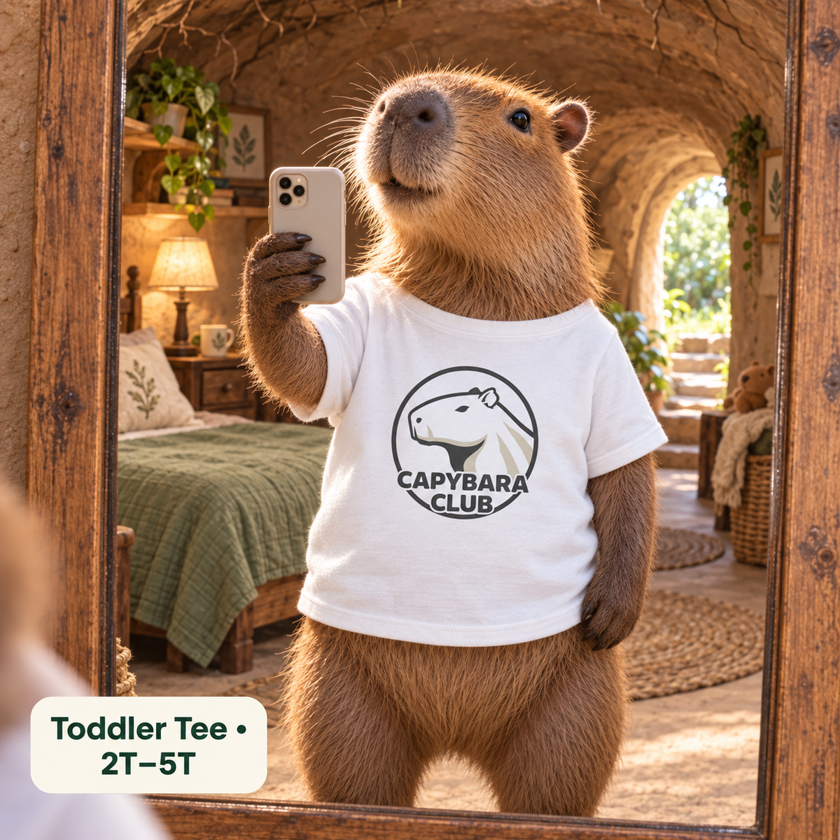 AI-created fantasy illustration: capybara wearing the White Capybara Club toddler tee taking a mirror selfie in a cozy underground bedroom. Sizes 2T to 5T.