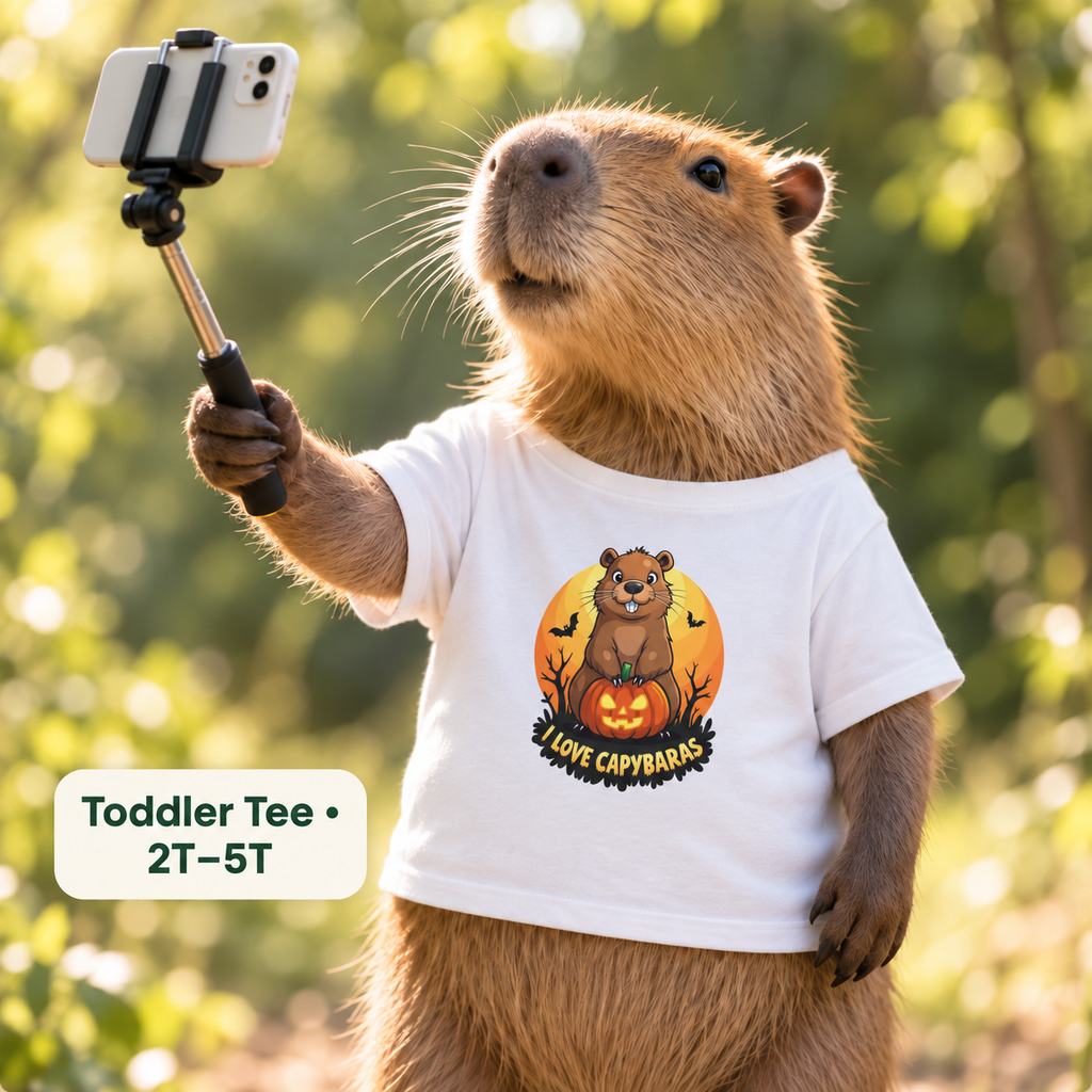 AI-created fantasy illustration: capybara taking an outdoor selfie wearing the White I Love Capybaras Halloween toddler tee. Sizes 2T to 5T.