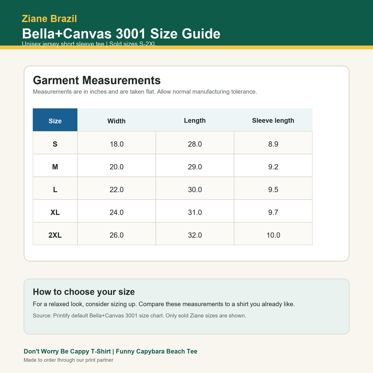Bella+Canvas 3001 size guide for Don't Worry Be Cappy t-shirt
