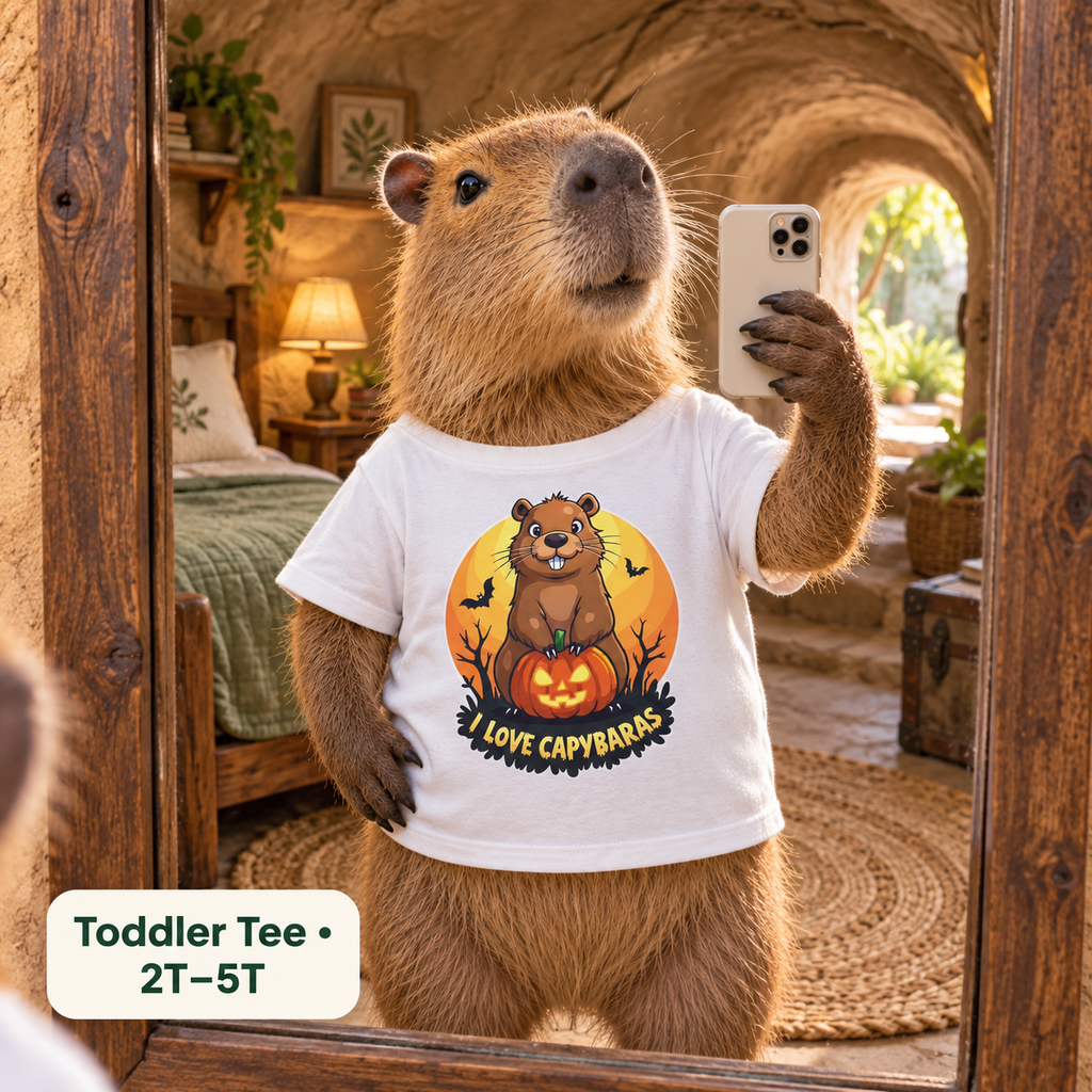 AI-created fantasy illustration: capybara wearing the White I Love Capybaras Halloween toddler tee taking a mirror selfie in a cozy underground bedroom.