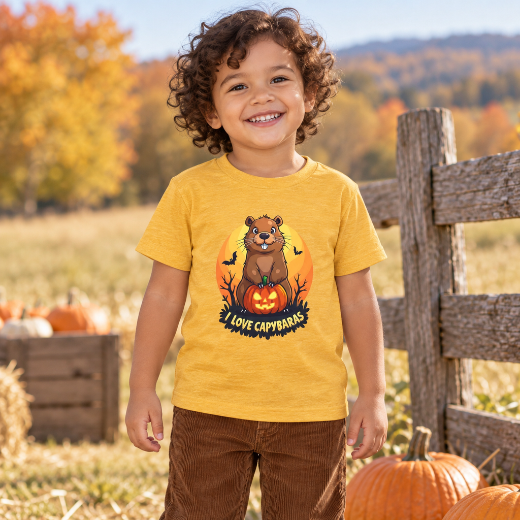 AI-created lifestyle mockup: child wearing the Heather Yellow Gold I Love Capybaras Halloween toddler tee at a pumpkin farm.