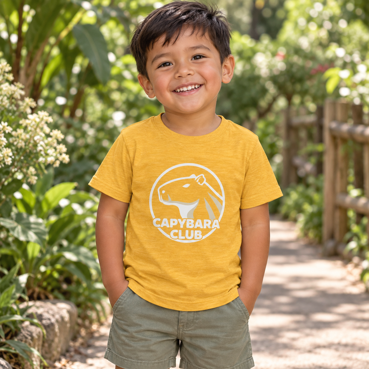 AI-created lifestyle mockup: Heather Yellow Gold Capybara Club toddler tee in a garden.