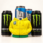 Yellow and green hoodie can holder posed with Monster and NOS energy drink cans on a studio background; chest emblem blurred