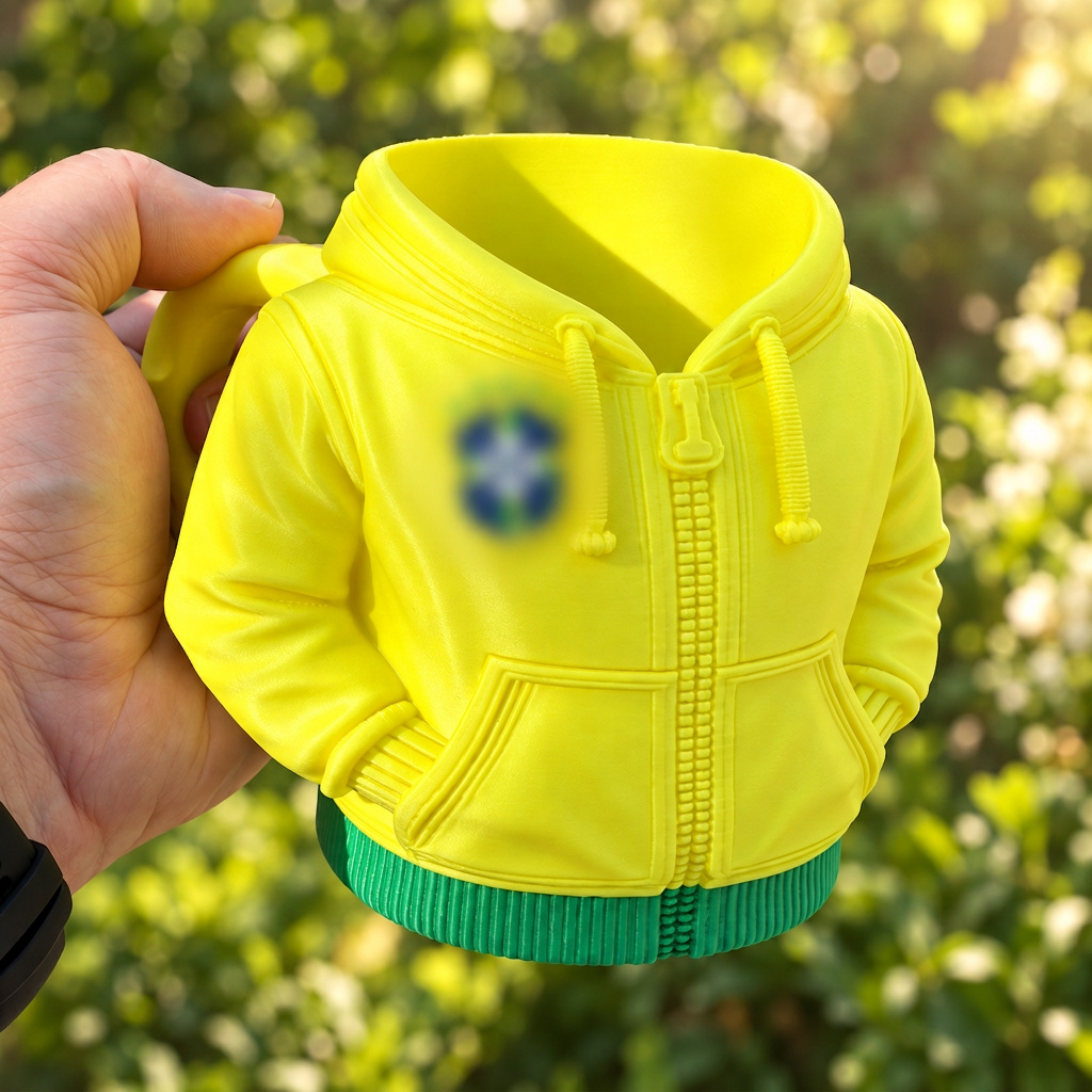 Hand holding a yellow and green hoodie can holder against a softly blurred garden background; chest emblem blurred