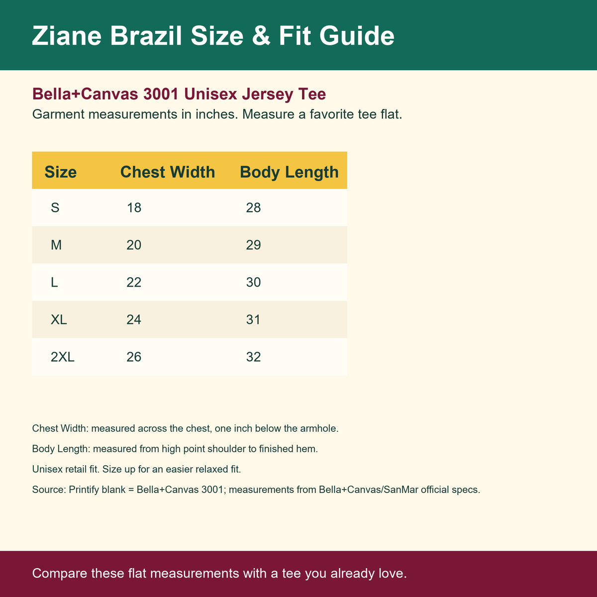 Size guide for I Love My Hot Brazilian Girlfriend t-shirt