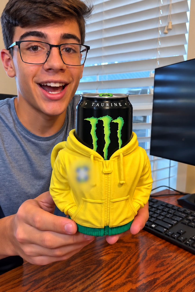 Person holding the yellow and green hoodie can holder with a Monster can inside; chest emblem blurred