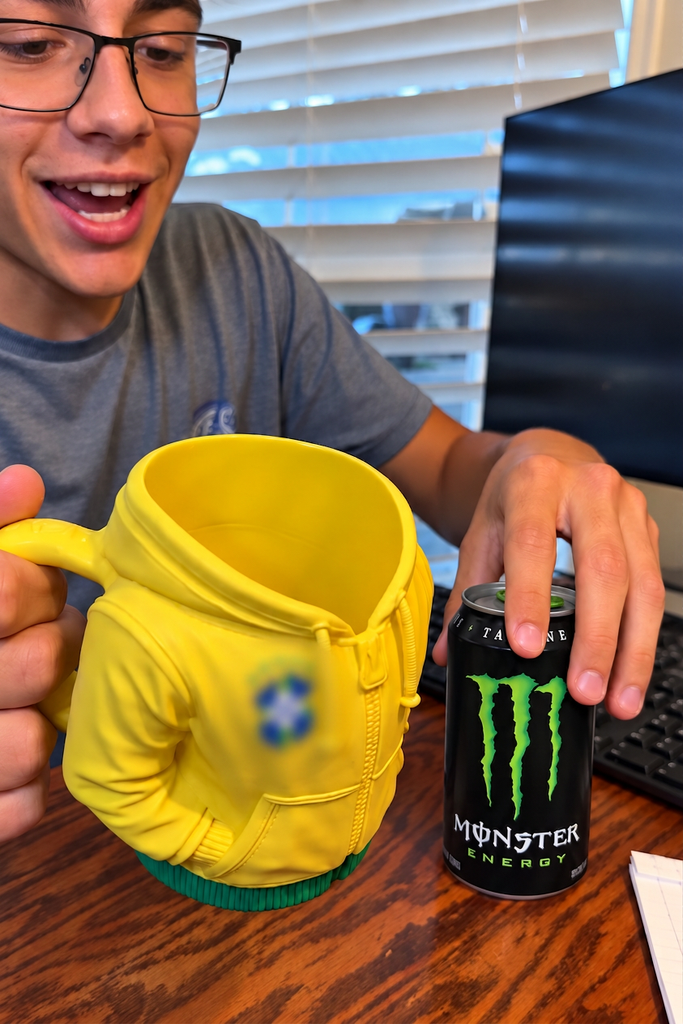 Person demonstrating the empty yellow and green hoodie can holder beside a Monster can; chest emblem blurred