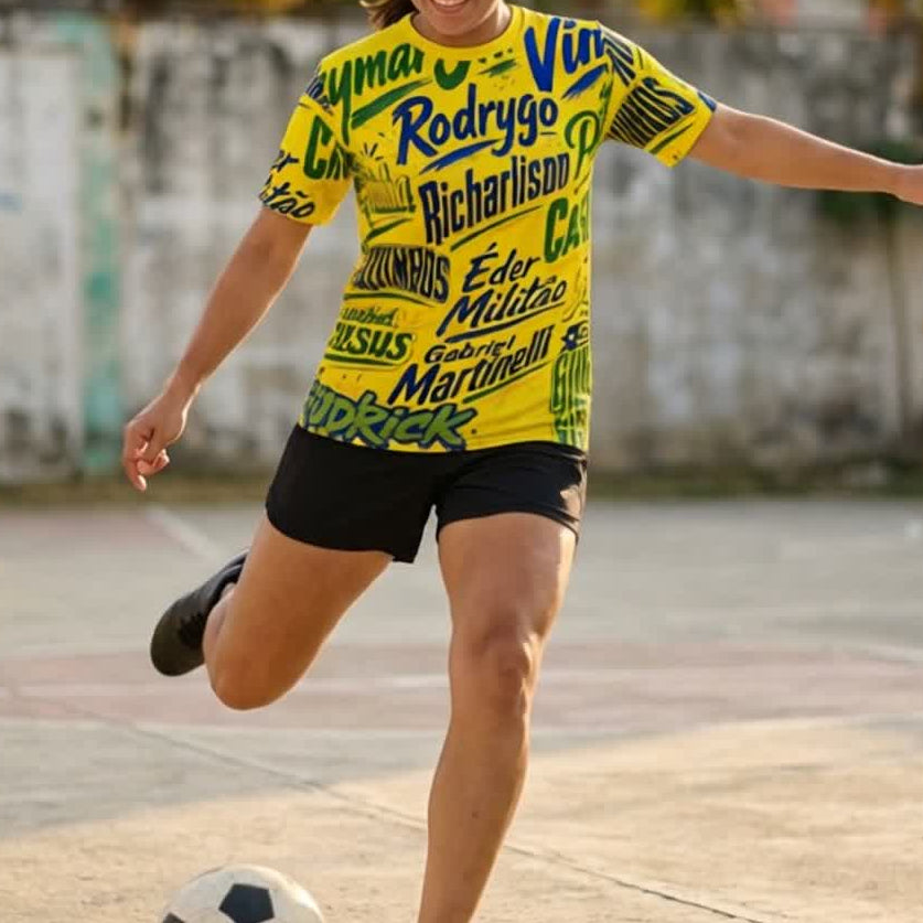 Person playing soccer on an outdoor court with a colorful jersey.