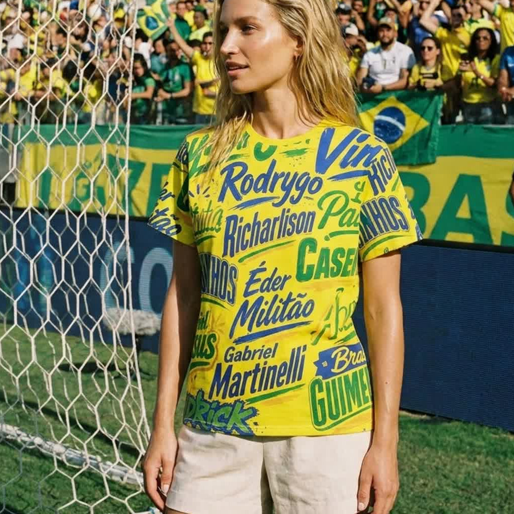 Woman wearing a yellow sports jersey with text in front of a soccer goal and crowd.