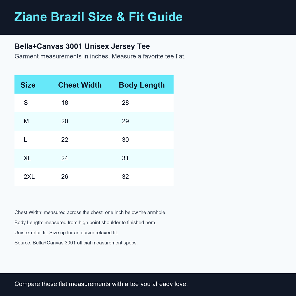 Bella+Canvas 3001 unisex t-shirt size and fit guide for S through 2XL