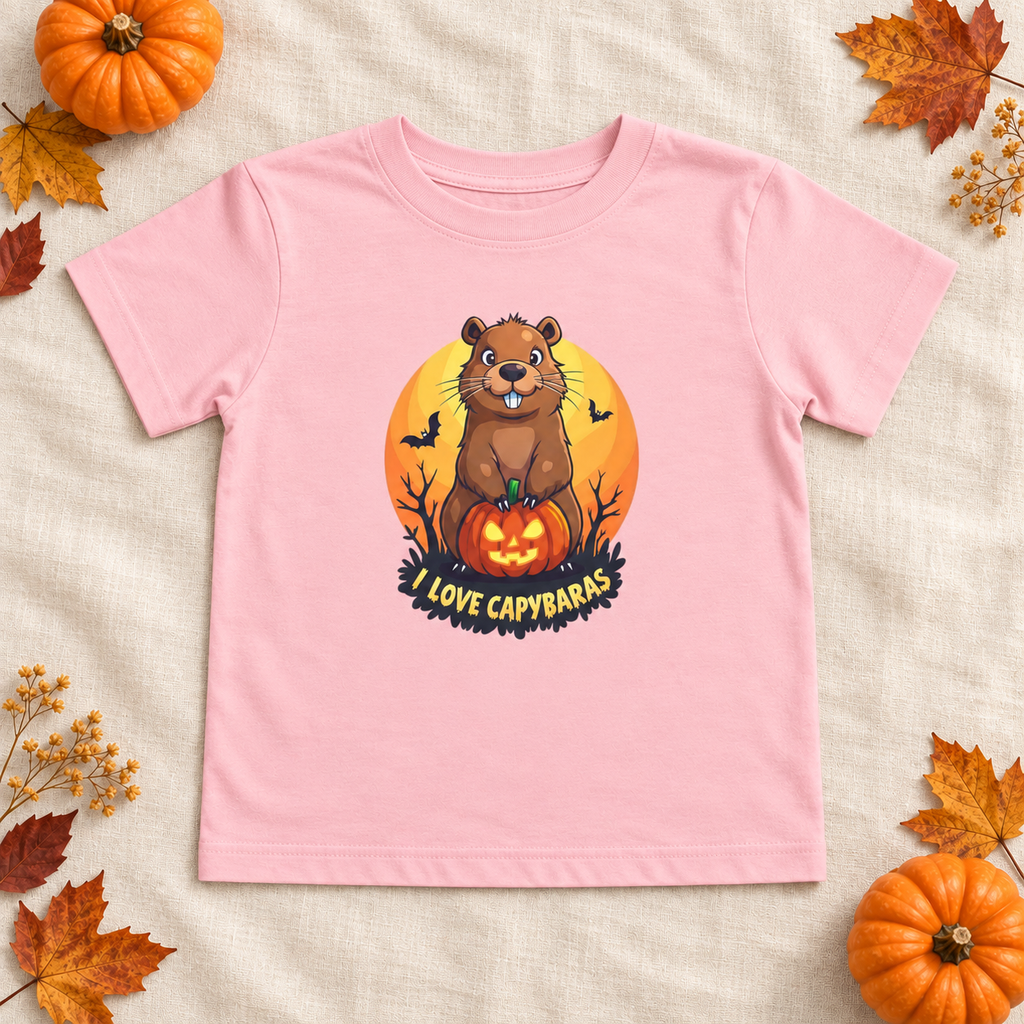 AI-created flat lay: Pink I Love Capybaras Halloween toddler tee with pumpkins and autumn leaves.