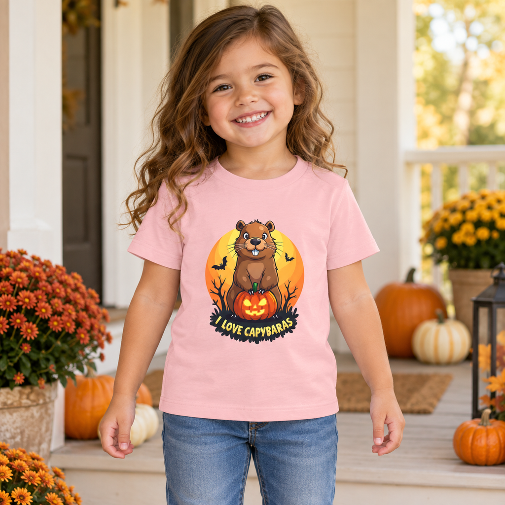 AI-created lifestyle mockup: child wearing the Pink I Love Capybaras Halloween toddler tee on an autumn porch.