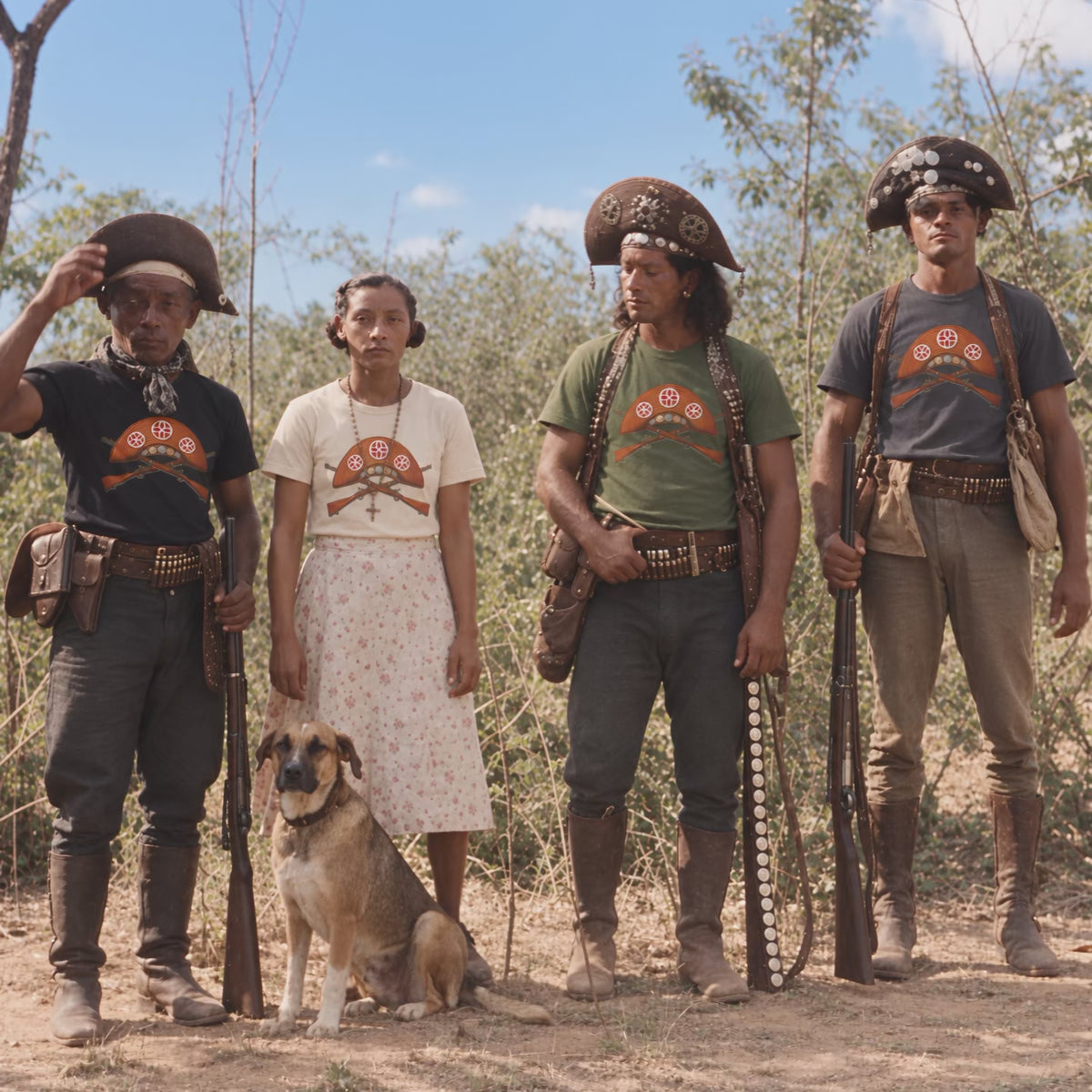 AI-created vintage-film-style Cangaceiro group wearing Ziane Brazil graphic T-shirts