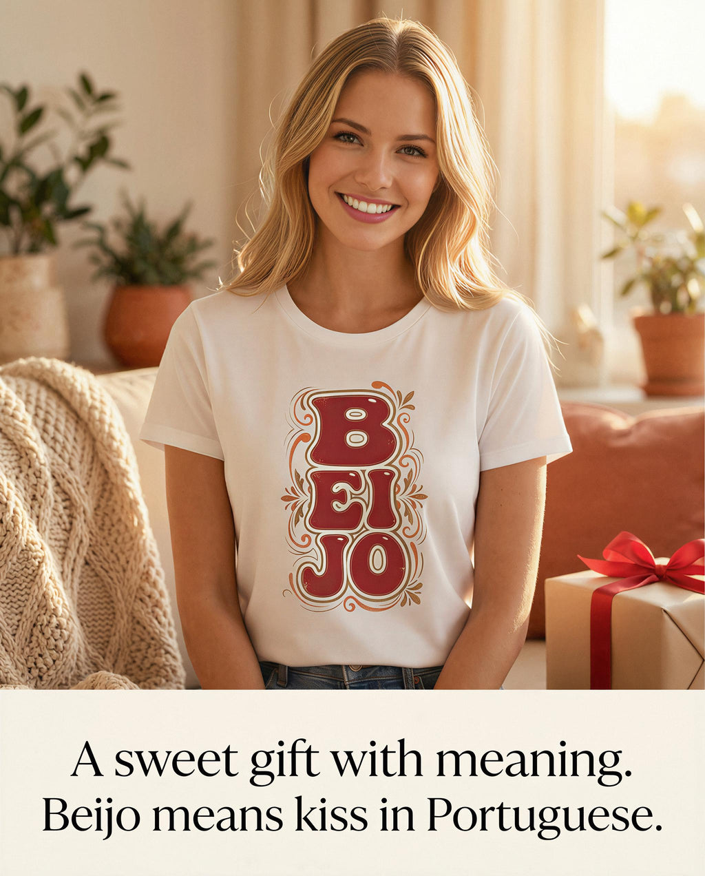 T-Shirt Retro 'BEIJO' Floral Lettering Tee (Portuguese Kiss Design)