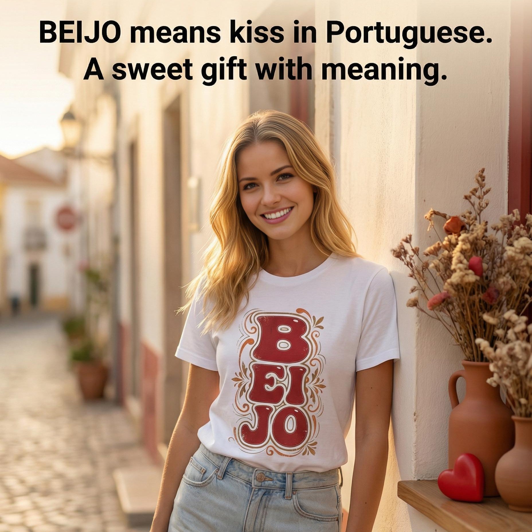 Woman wearing a white t-shirt with 'BEJO' printed on it, standing on a street.