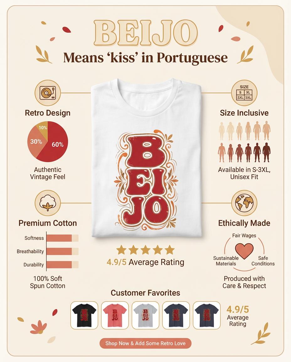 T-Shirt Retro 'BEIJO' Floral Lettering Tee (Portuguese Kiss Design)