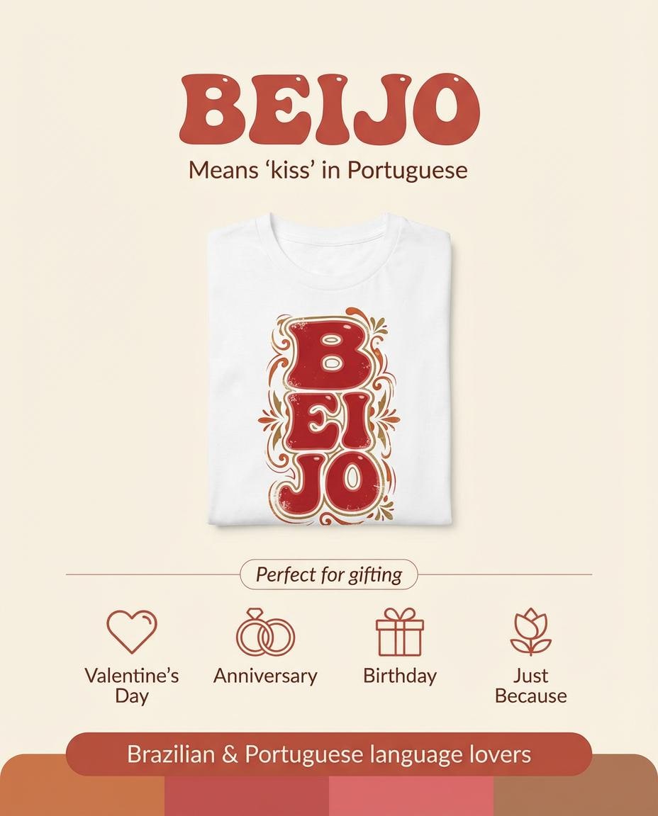 T-Shirt Retro 'BEIJO' Floral Lettering Tee (Portuguese Kiss Design)