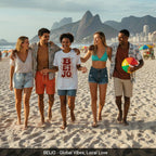 Group of five friends walking on a beach with mountains and cityscape in the background.